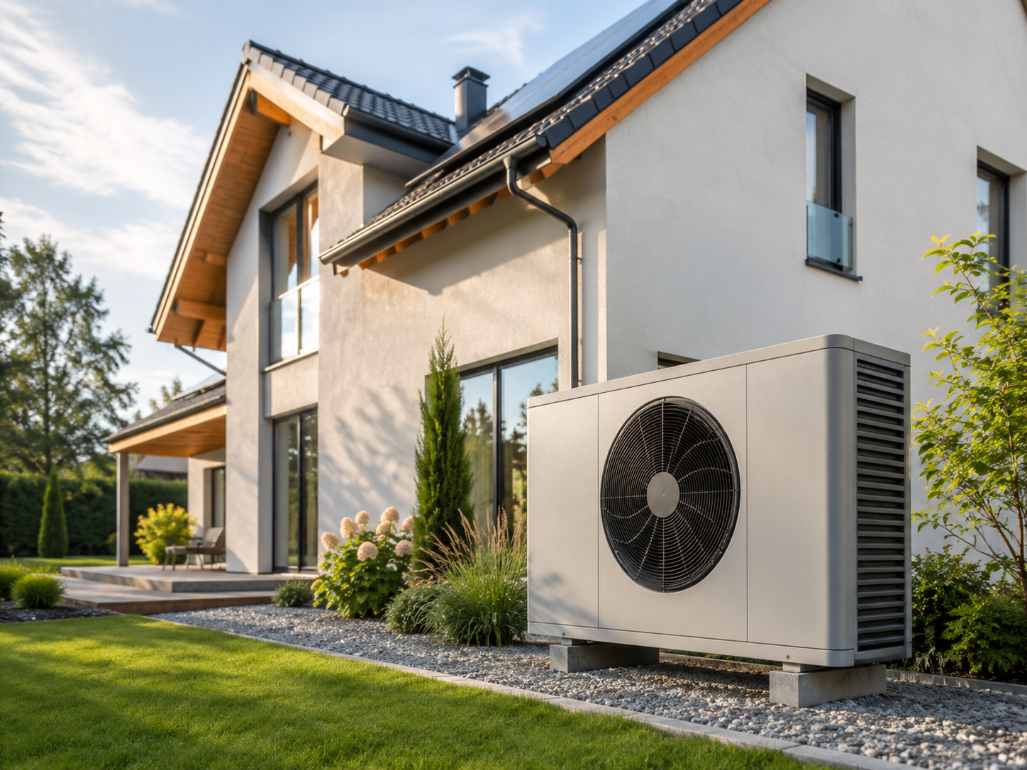Modernes Haus mit Garten und Wärmepumpe