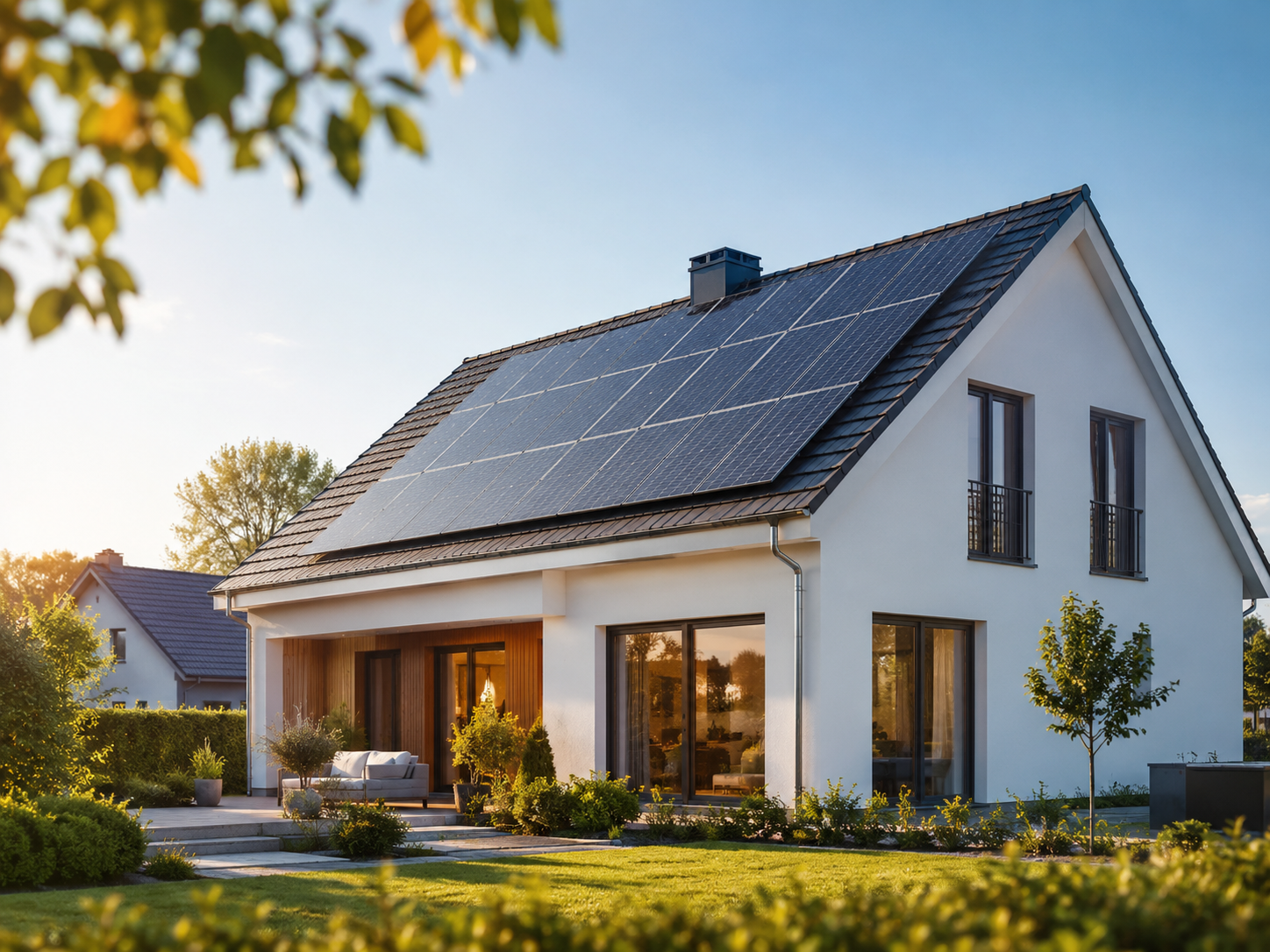 Haus mit Photovoltaik-Solaranlage und Garten