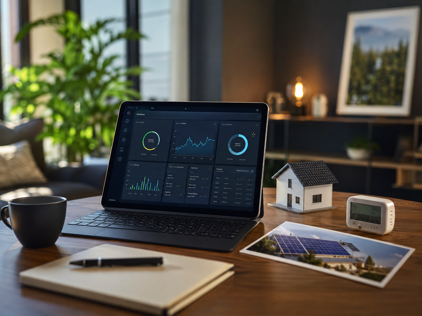 Moderne Büroecke mit Technologieelementen für Energiemanagement