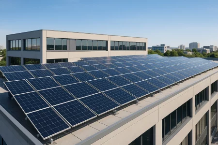 Eine Solaranlage auf einem großen Flachdach einer Gewerbeimmobilie