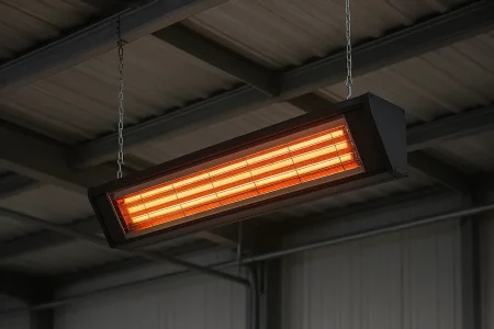 Eine nahe Aufnahme einer Infrarot Heizlampe, welche von einer Hallendecke runterhängt.